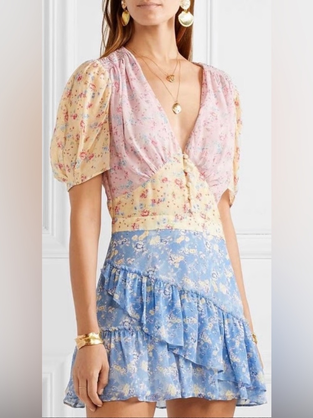 Francesca’s Jun & Ivy “Mabel” Fairycore Patchwork Minidress in Pink/Bl/Yel sz S